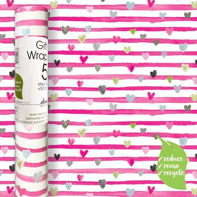 Pink Ribbon Hearts Gift Wrap Roll 5m