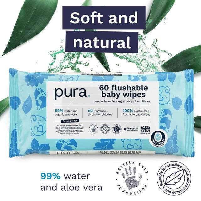 Pura Plastic Free Flushable Baby Wipes 12 x 60pk 12 x 60 per pack