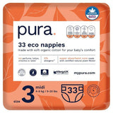 Pura Premium Eco Baby Nappies, Size 3 (4-9kg) 33 Nappies