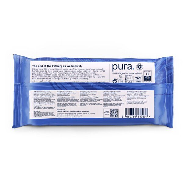 Pura Premium Flushable Moist Toilet Tissue Wipes, 40 Wipes