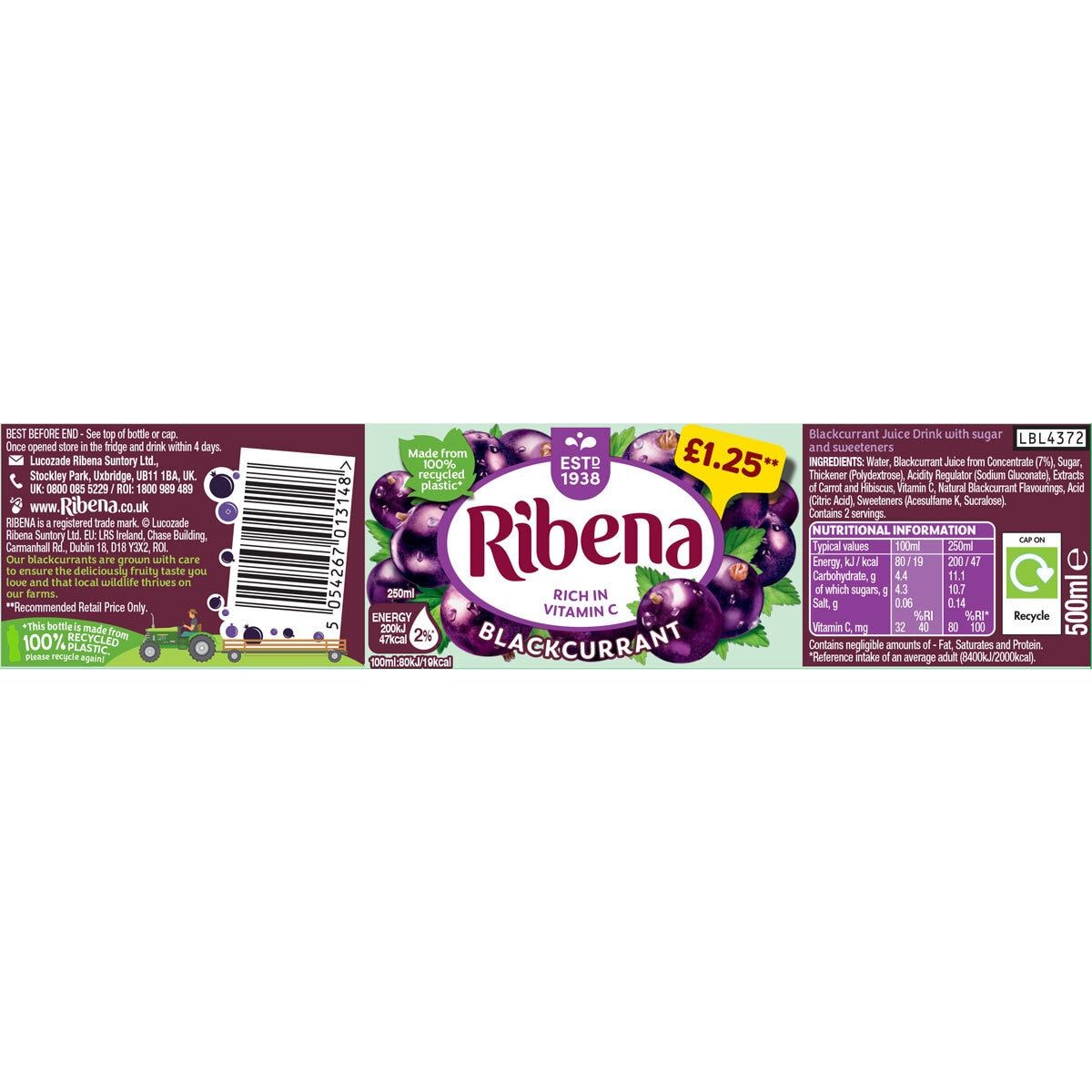 Ribena Blackcurrant PMP £1.25, 12 x 500ml