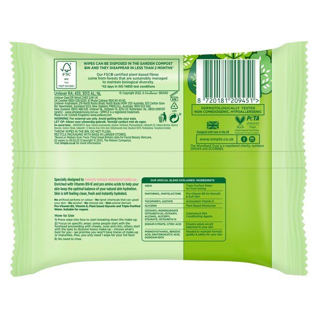 Simple Kind to Skin Biodegradable Face Wipes 2 x 25 per pack