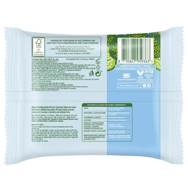 Simple Kind to Skin Micellar Biodegradable Cleansing Wipes 2 x 20 per pack