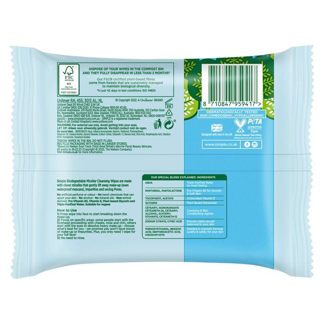 Simple Kind to Skin Micellar Biodegradable Cleansing Wipes 20 per pack