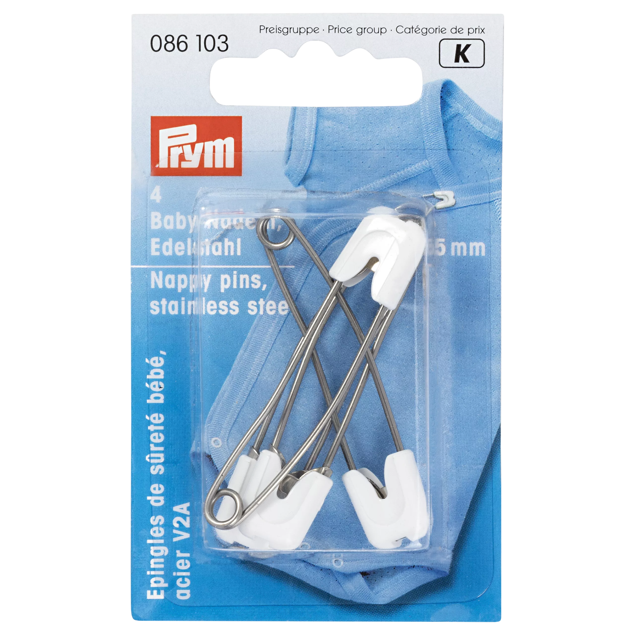 Prym stainless steel nappy pins 55mm pack of 4, imported from the UK