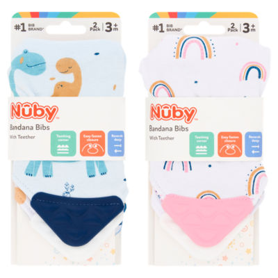 Nuby bandana bibs with teether 3m+ 2 pack, imported from the UK