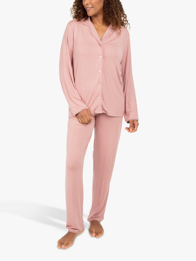 Long-Sleeve Jersey Pyjama Set with Bobble Lace Trim in Rose
