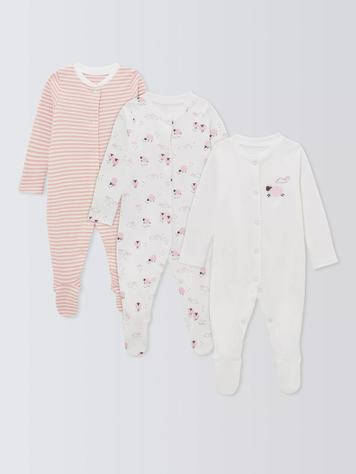 John Lewis Baby Sheep Long Sleeve Sleepsuits Pink, UK version