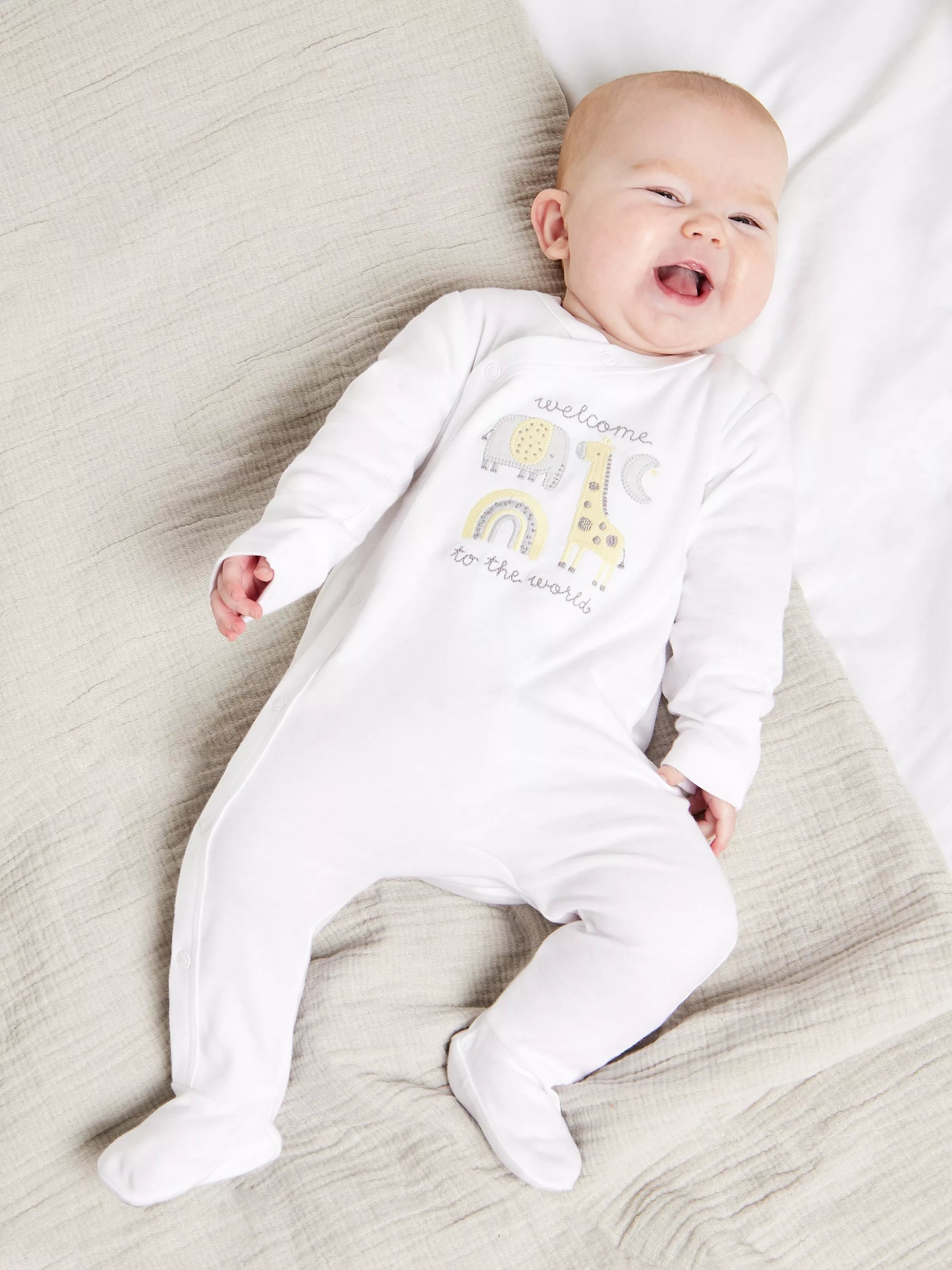 Mini Cuddles Baby Welcome to the World Sleepsuit, White - McGrocer