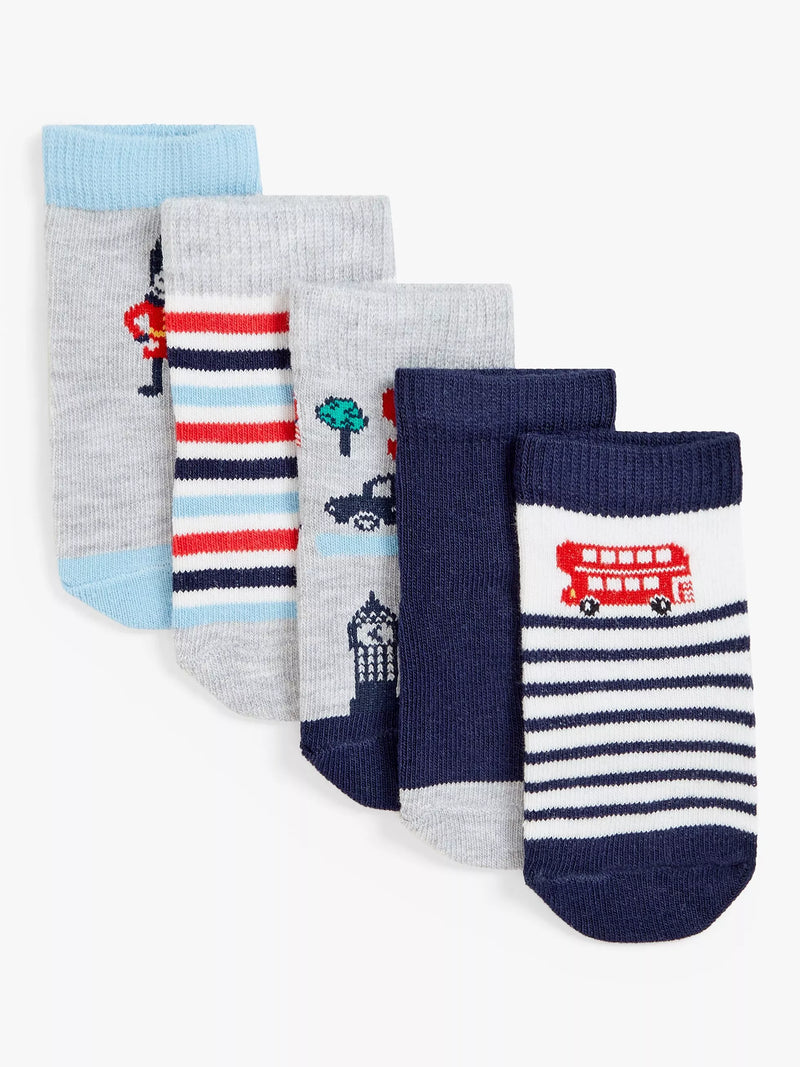 John Lewis Baby Organic Cotton Rich London Transport Theme Socks, Pack of 5 - McGrocer