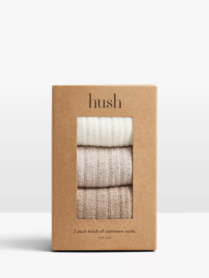 HUSH ribbed cashmere blend ankle socks in beige, pack of 3, UK version