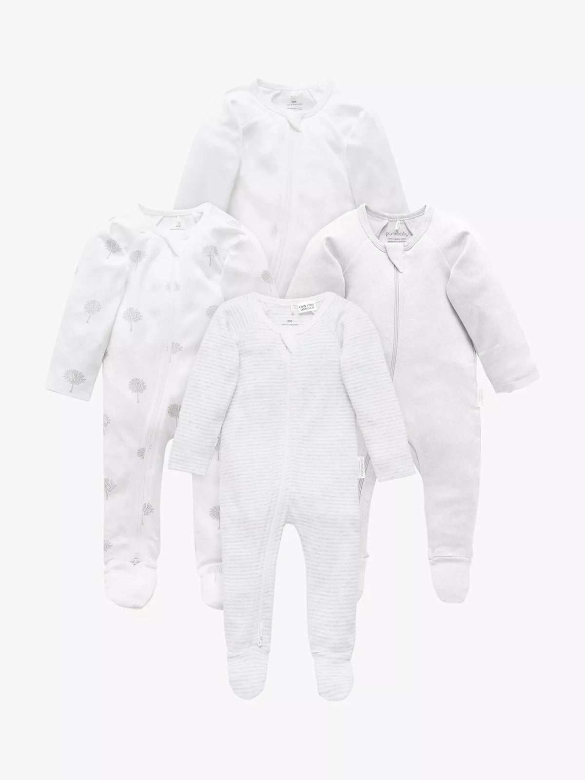 Purebaby Organic Cotton Essential Zip Front Growsuit, Pack of 4, Grey Melange - McGrocer