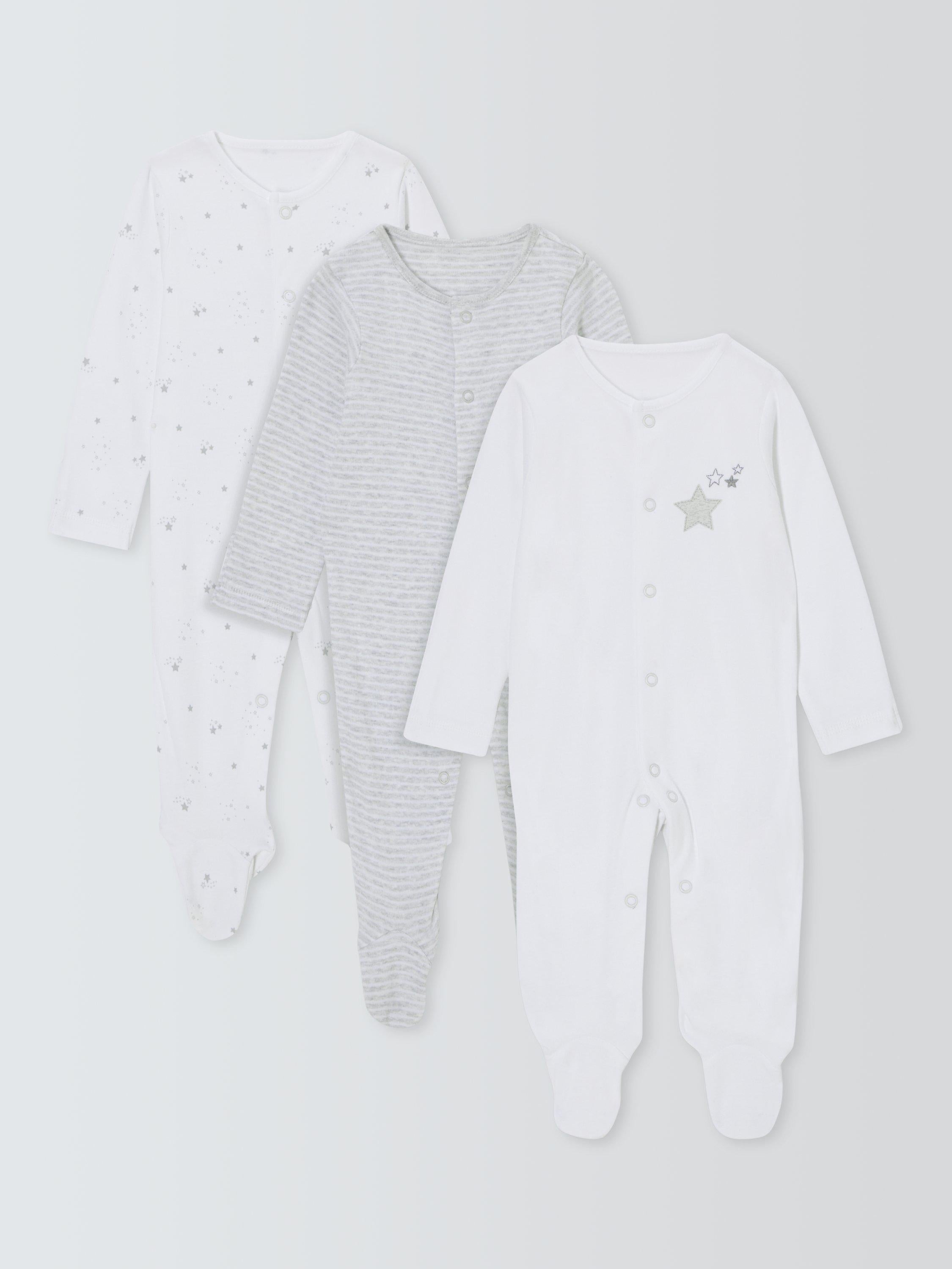 John Lewis baby cotton star print sleepsuits white pack of 3, UK version