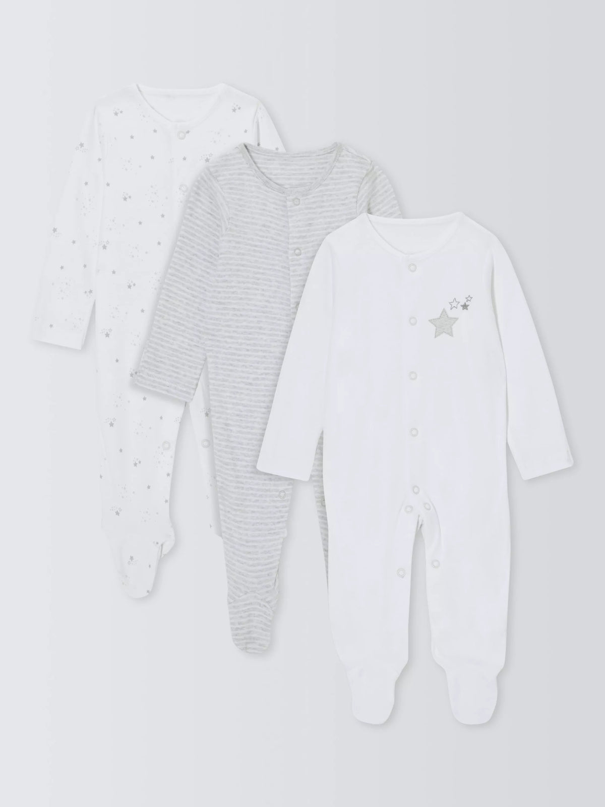 John Lewis baby cotton star print sleepsuits white pack of 3, UK version