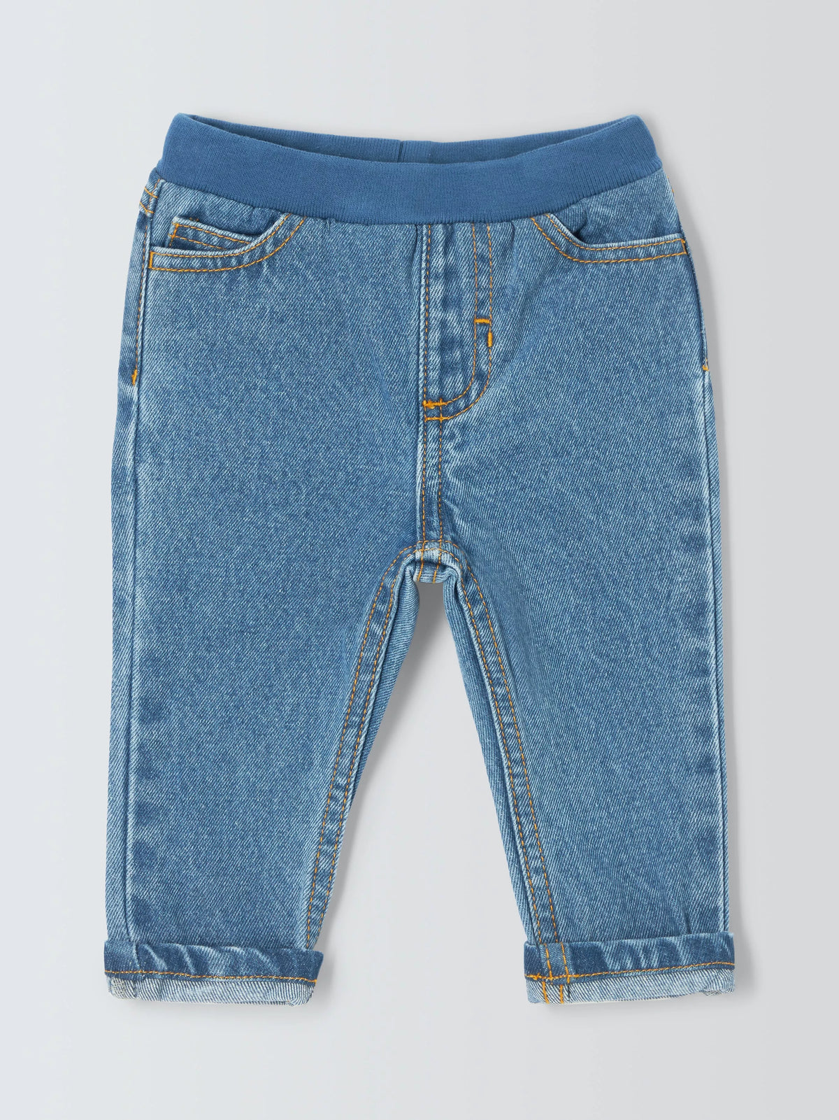 John Lewis baby ribbed waist elasticated jeans in blue, UK version