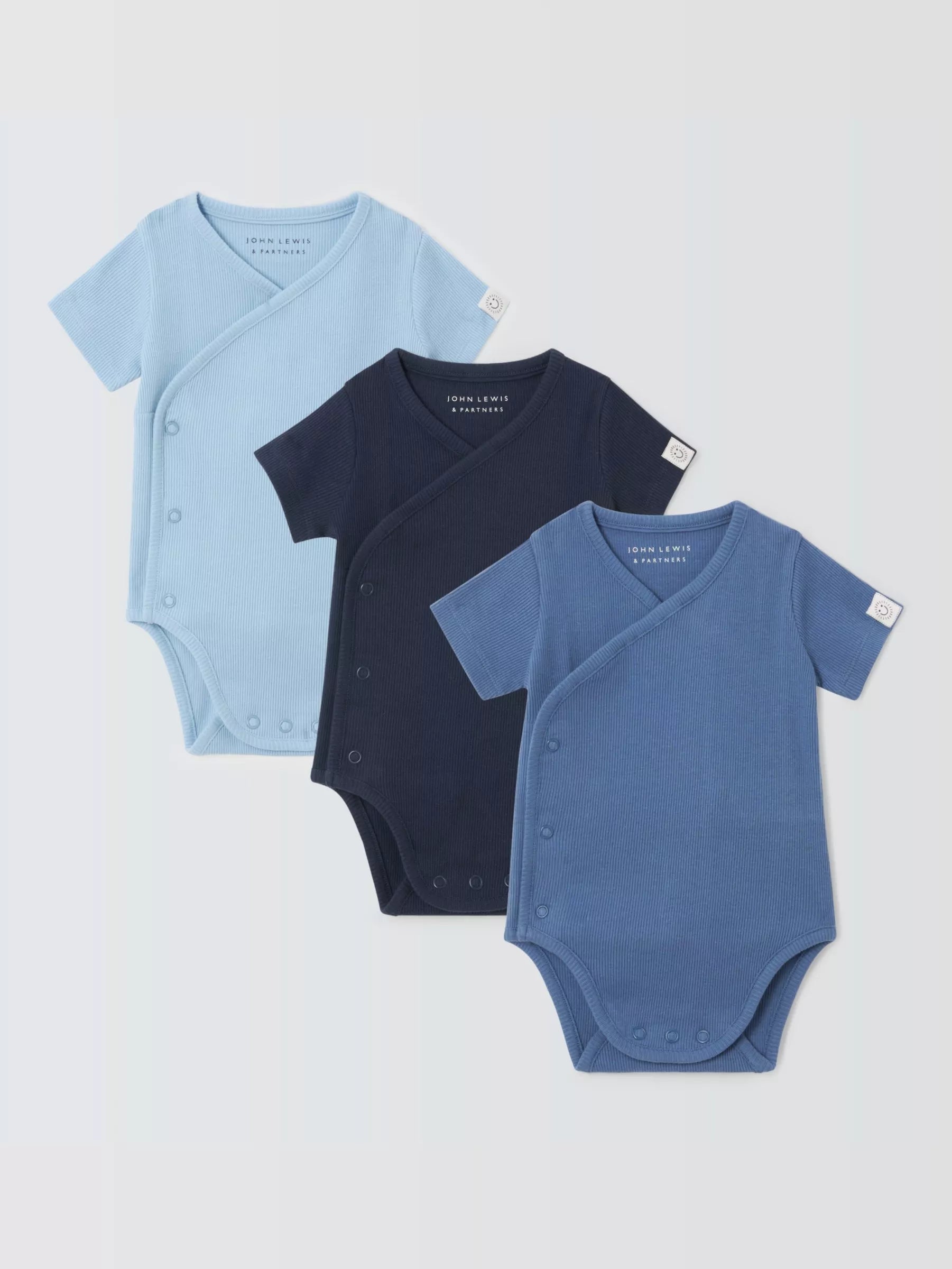 John Lewis Baby Ribbed Cotton Bodysuit, Pack of 3, Blue/Multi - McGrocer