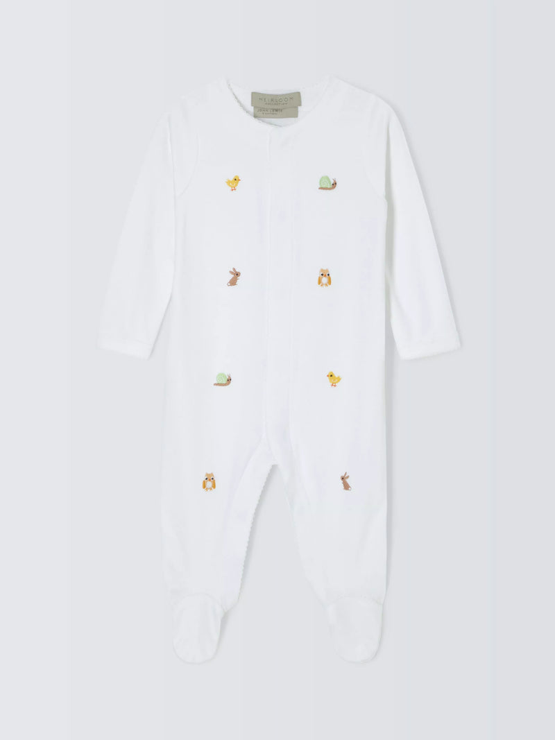 John Lewis Heirloom Collection Baby Woodland Animals Embroidered Pima Cotton Sleepsuit, White - McGrocer