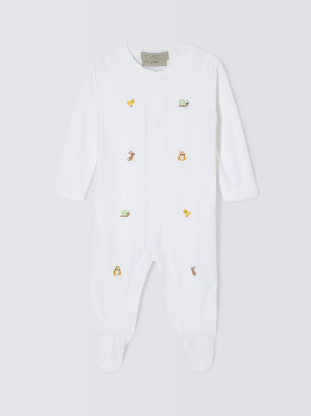 John Lewis Heirloom Collection Baby Woodland Animals Embroidered Pima Cotton Sleepsuit, White - McGrocer