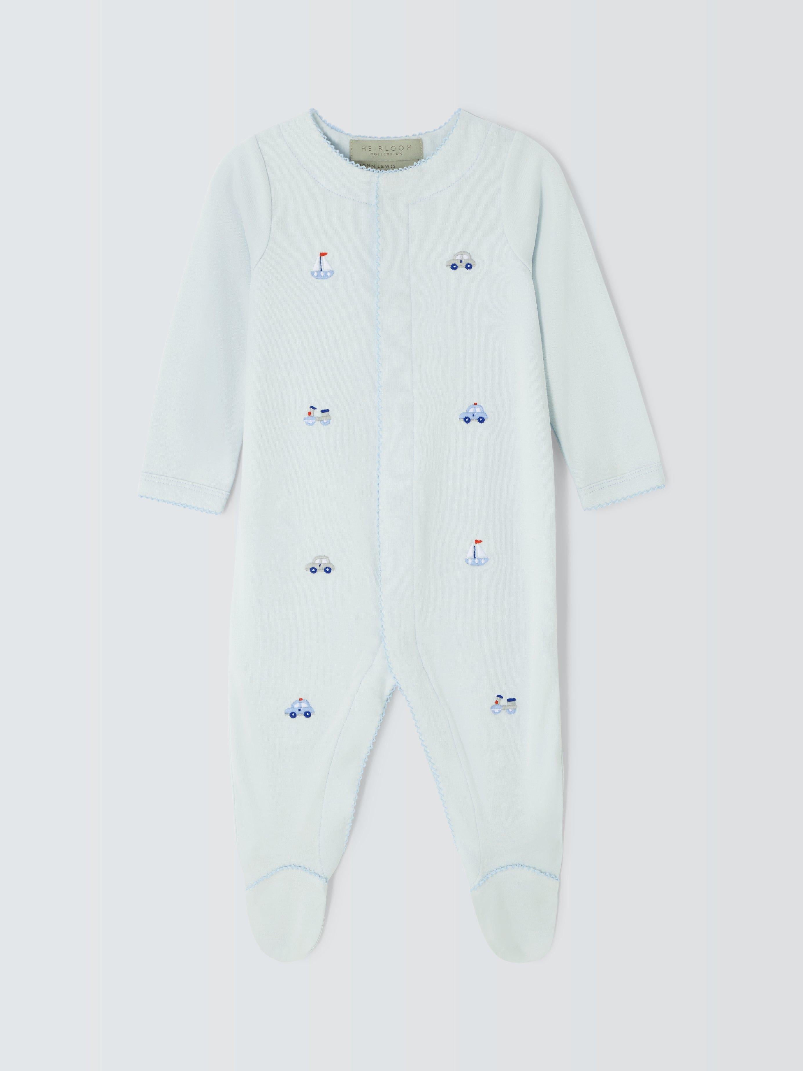 John Lewis baby transport-themed embroidered Pima cotton sleepsuit in blue, UK version