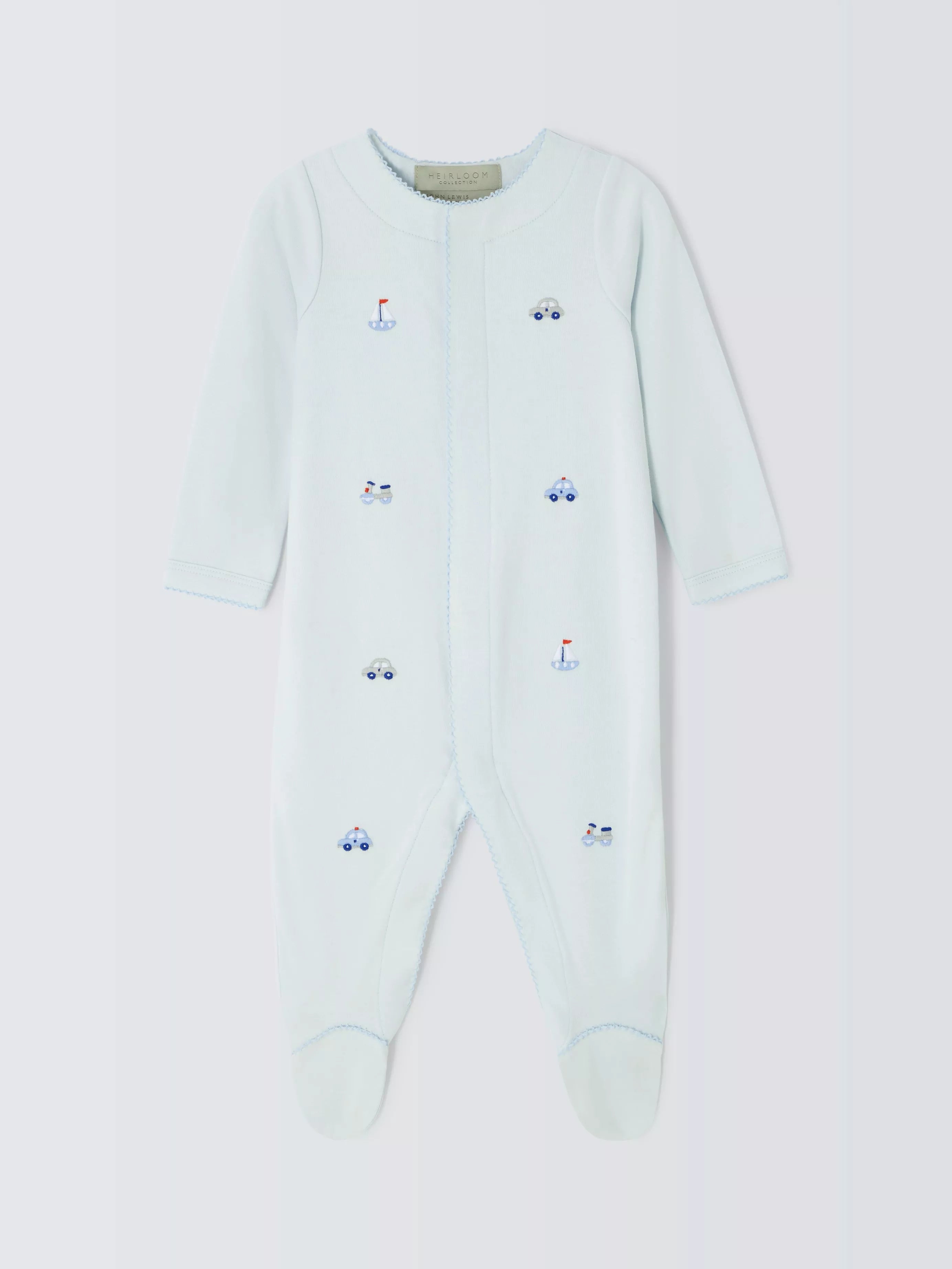 John Lewis baby transport-themed embroidered Pima cotton sleepsuit in blue, UK version