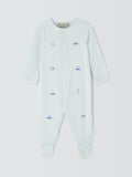 John Lewis baby transport-themed embroidered Pima cotton sleepsuit in blue, UK version
