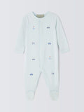 John Lewis baby transport-themed embroidered Pima cotton sleepsuit in blue, UK version