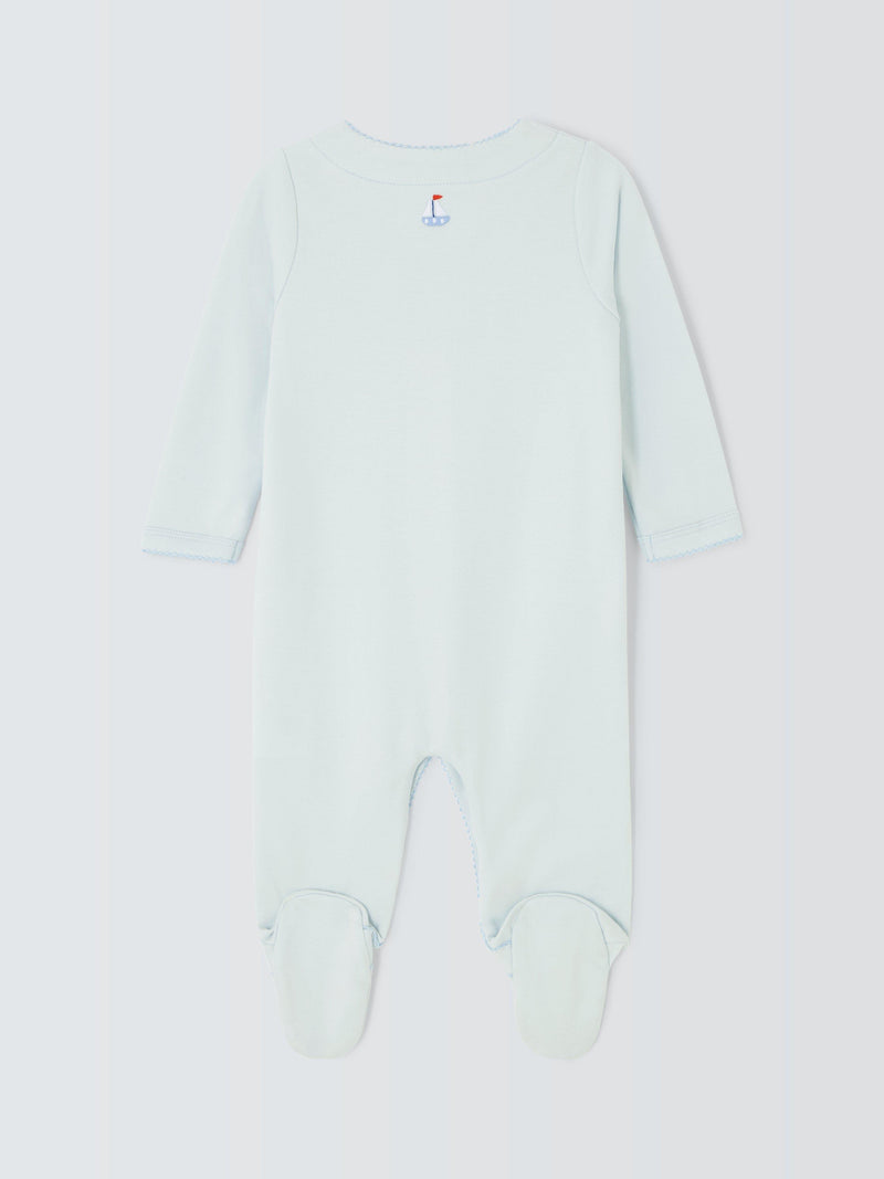John Lewis baby transport-themed embroidered Pima cotton sleepsuit in blue, UK version