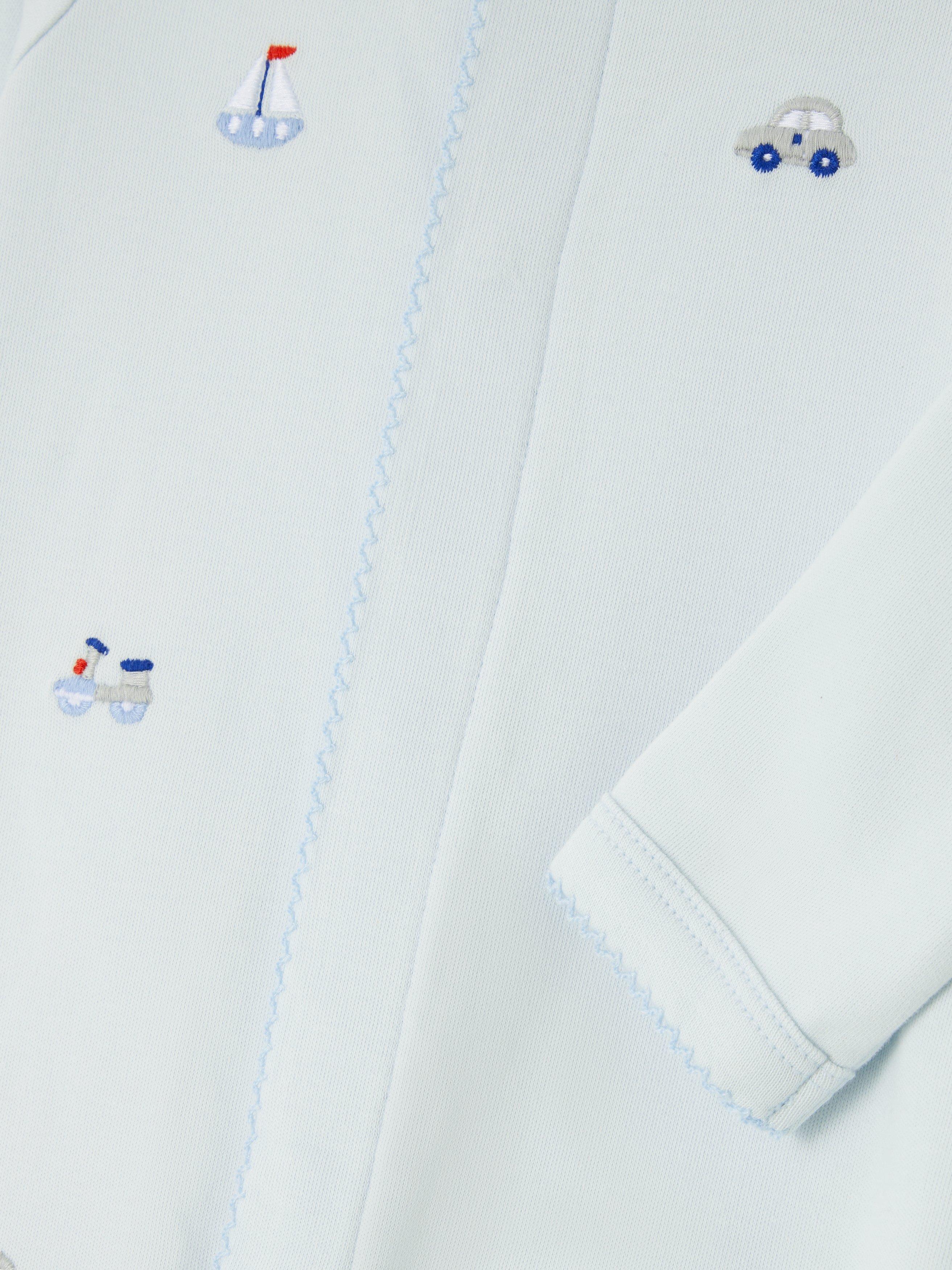 John Lewis baby transport-themed embroidered Pima cotton sleepsuit in blue, UK version