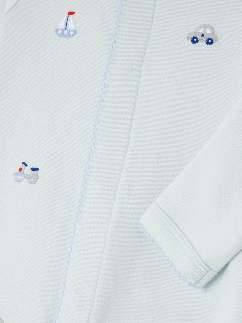 John Lewis baby transport-themed embroidered Pima cotton sleepsuit in blue, UK version