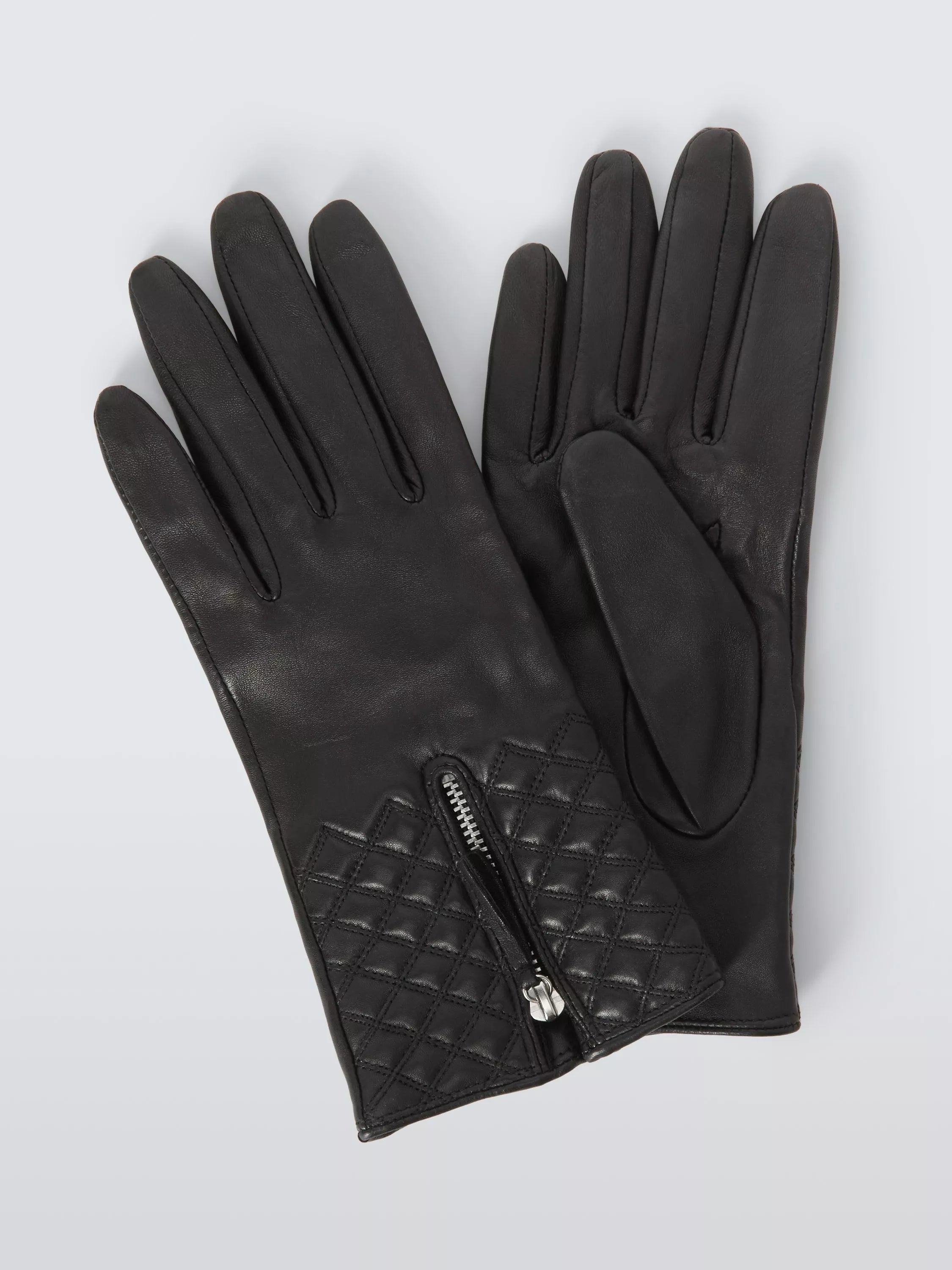 John Lewis Quilted Leather Gloves, Black - McGrocer