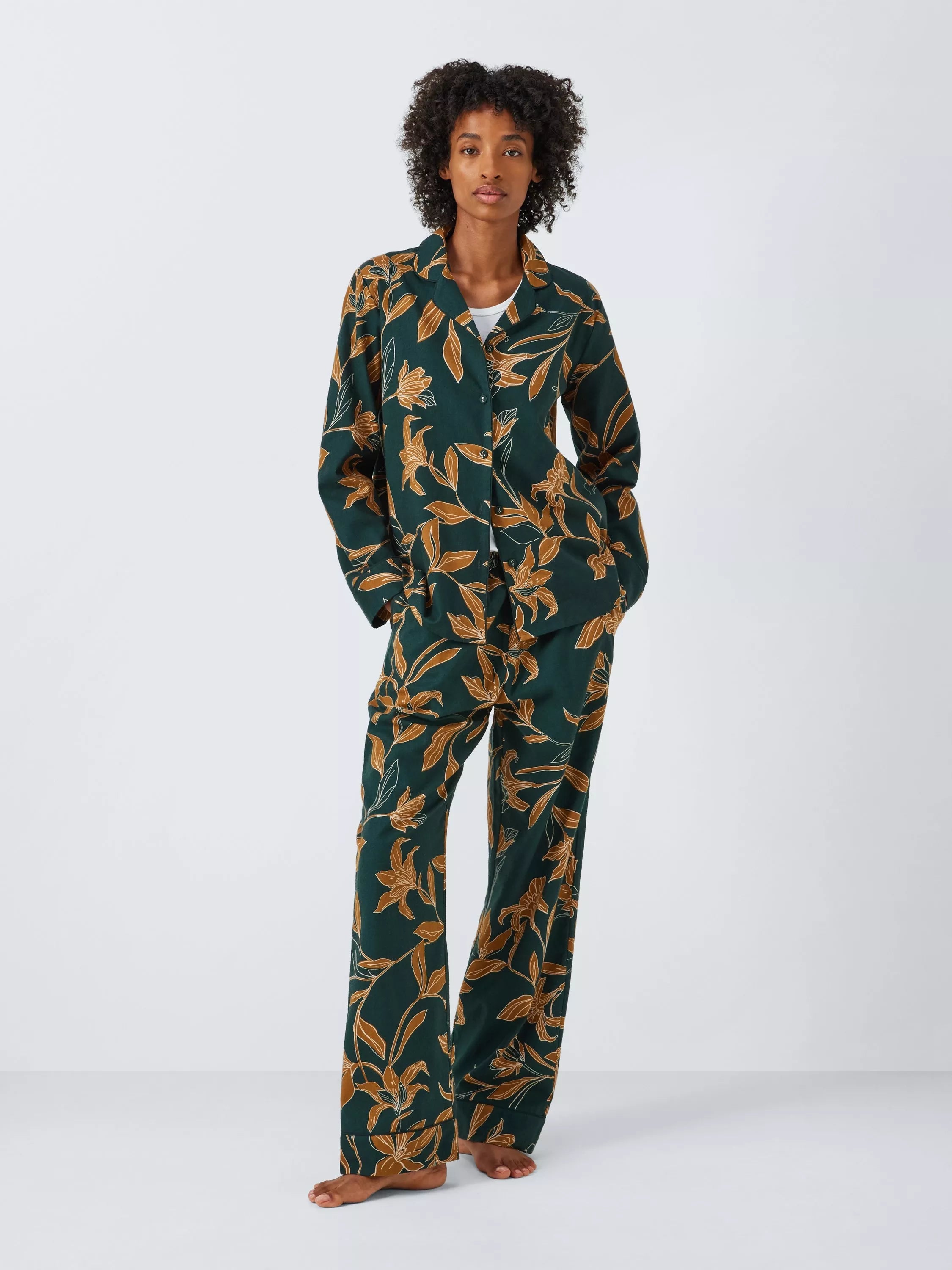 John Lewis Linear Floral Brushed Cotton Pyjama Set, Evergreen/Ochre - McGrocer