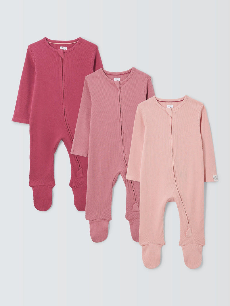 John Lewis Cotton Ribbed Baby Sleepsuit Pack of 3, UK version