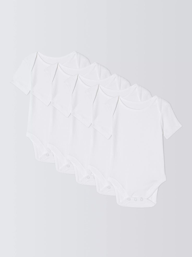 John Lewis White Cotton Short Sleeve Rib Baby Bodysuits Pack of 5, UK version