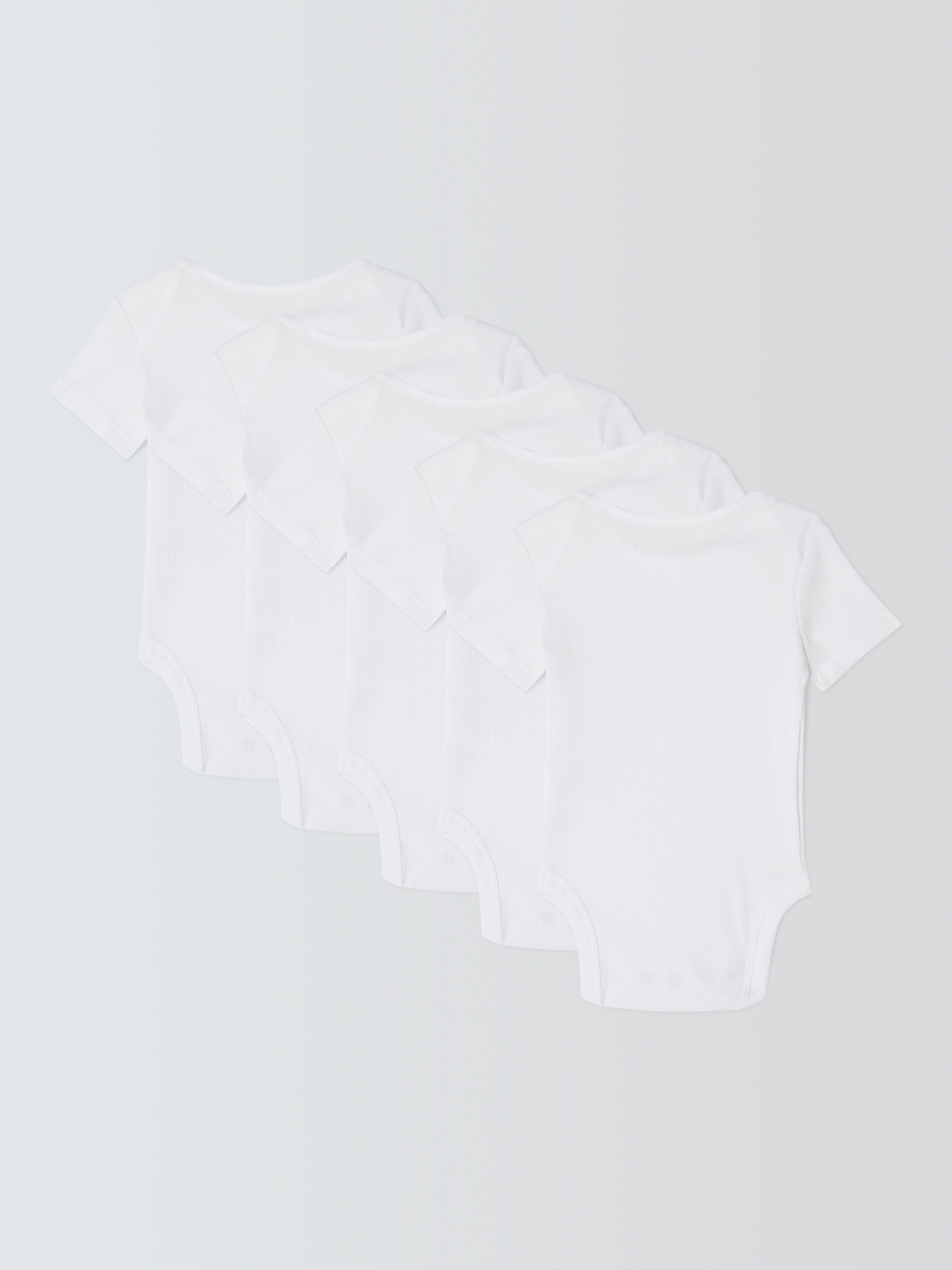 John Lewis White Cotton Short Sleeve Rib Baby Bodysuits Pack of 5, UK version
