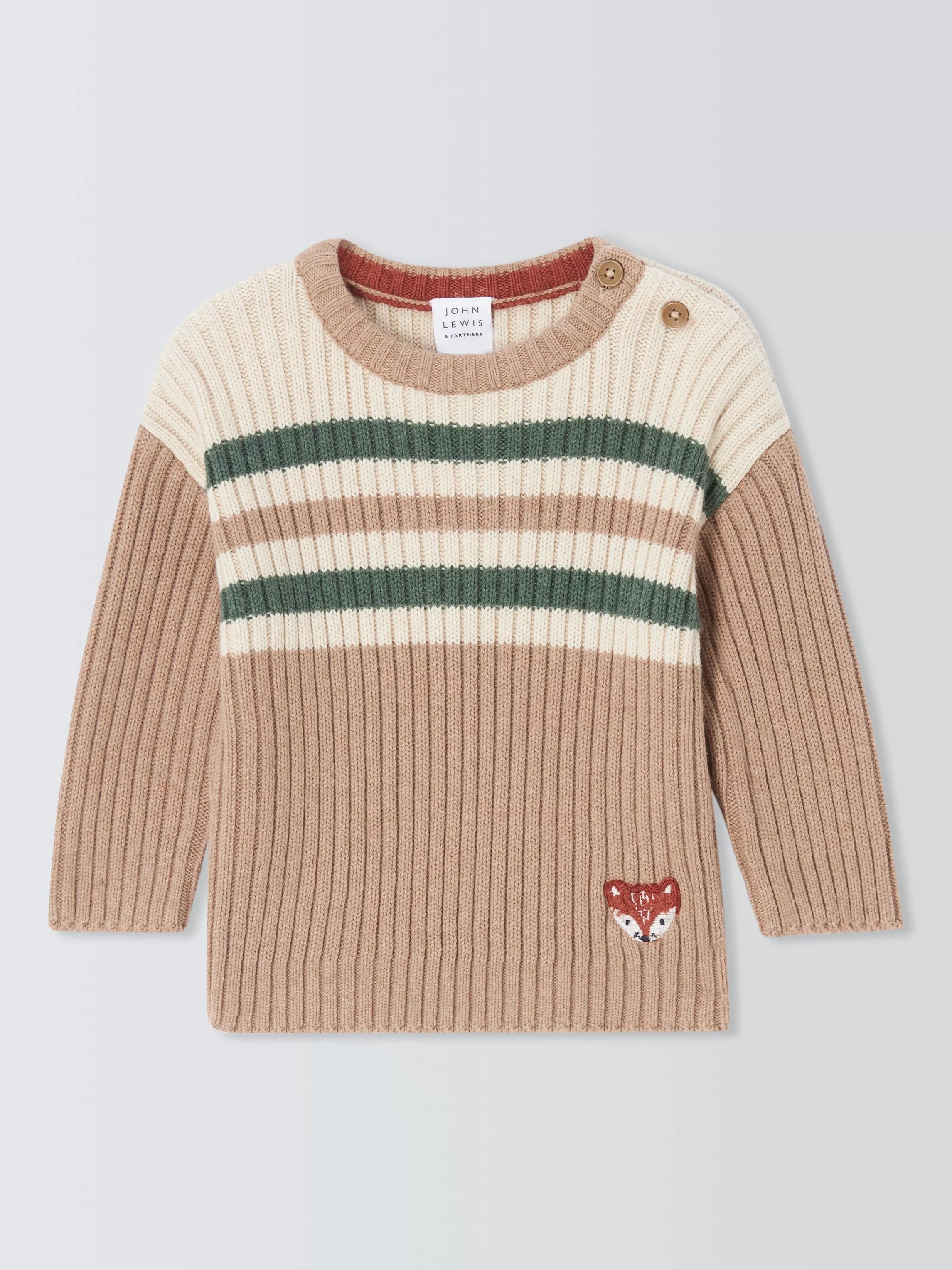 John Lewis Baby Striped Fox Cotton Wool Blend Jumper, Multi - McGrocer