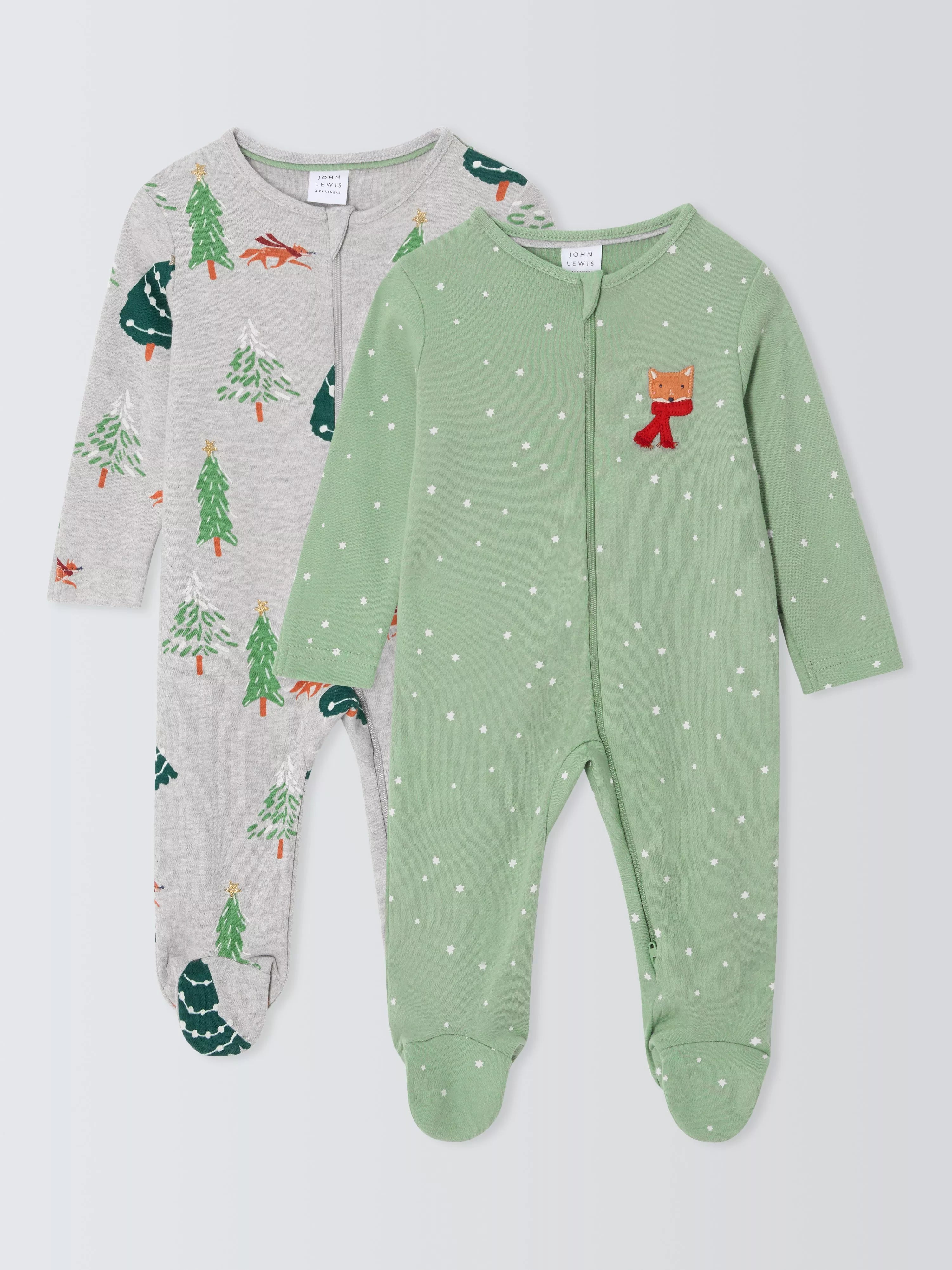 John Lewis Baby Christmas Trees Zip Cotton Sleepsuit, Pack of 2, Multi - McGrocer