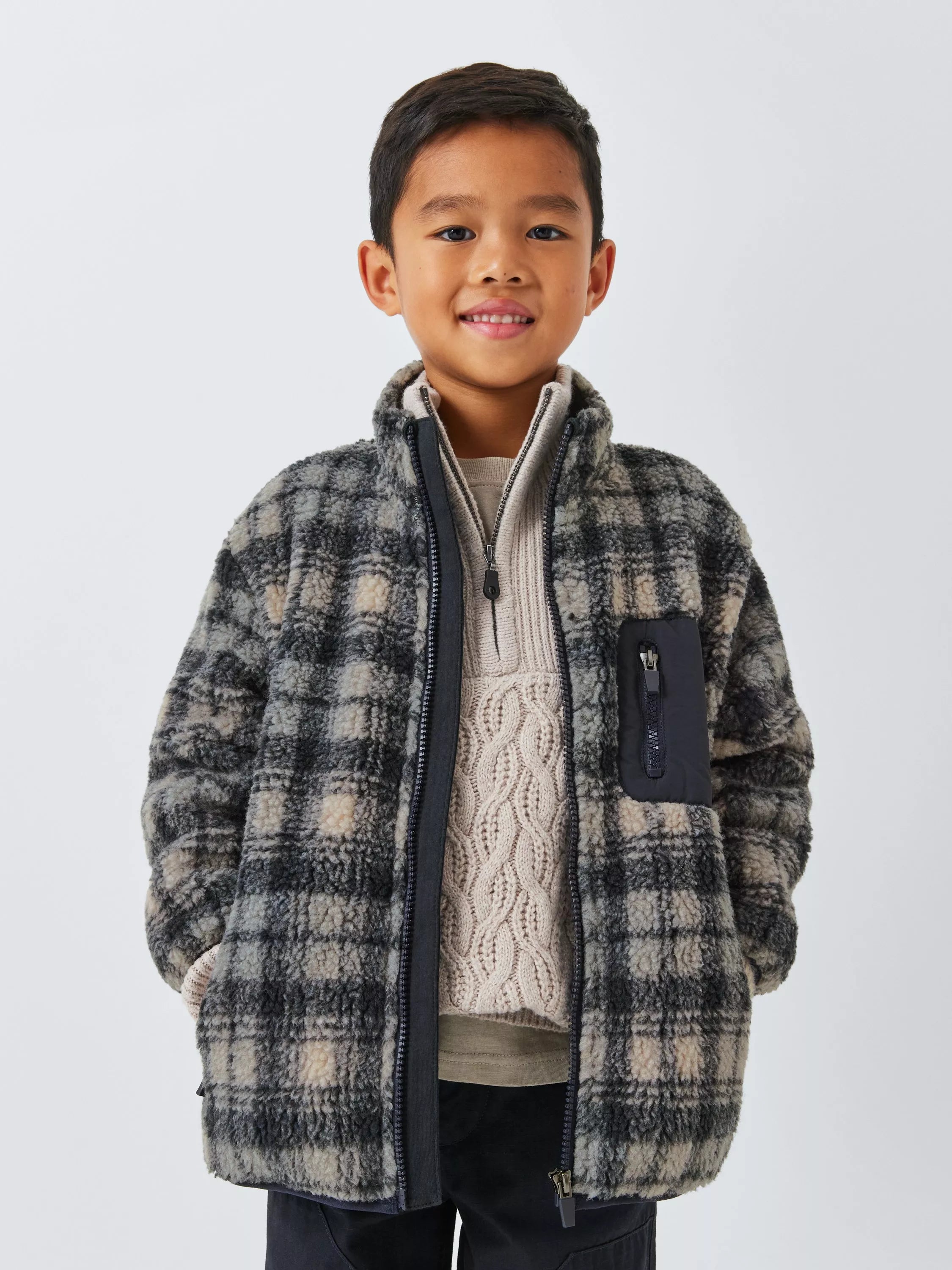 John Lewis Kids' Check Zip Through Fleece Jacket, Blue - McGrocer