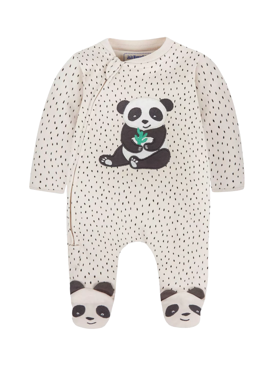 JoJo Maman Bébé Baby Panda Applique Sleepsuit, Stone/Black - McGrocer