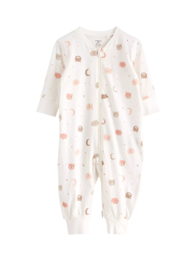 Lindex Baby Bear Print Sleepsuit, Dusty White