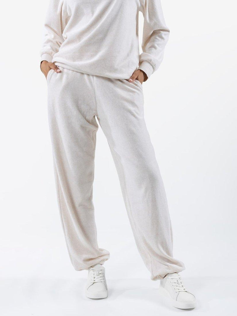 Mid Rise Velour Joggers with Ribbed Waistband and Cuffs in Oatmeal
