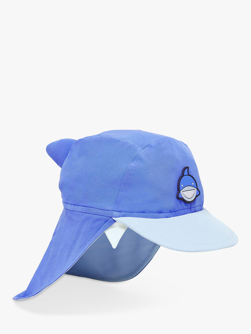Roarsome kids' sun cap with peak and neck protector in blue, imported from the UK