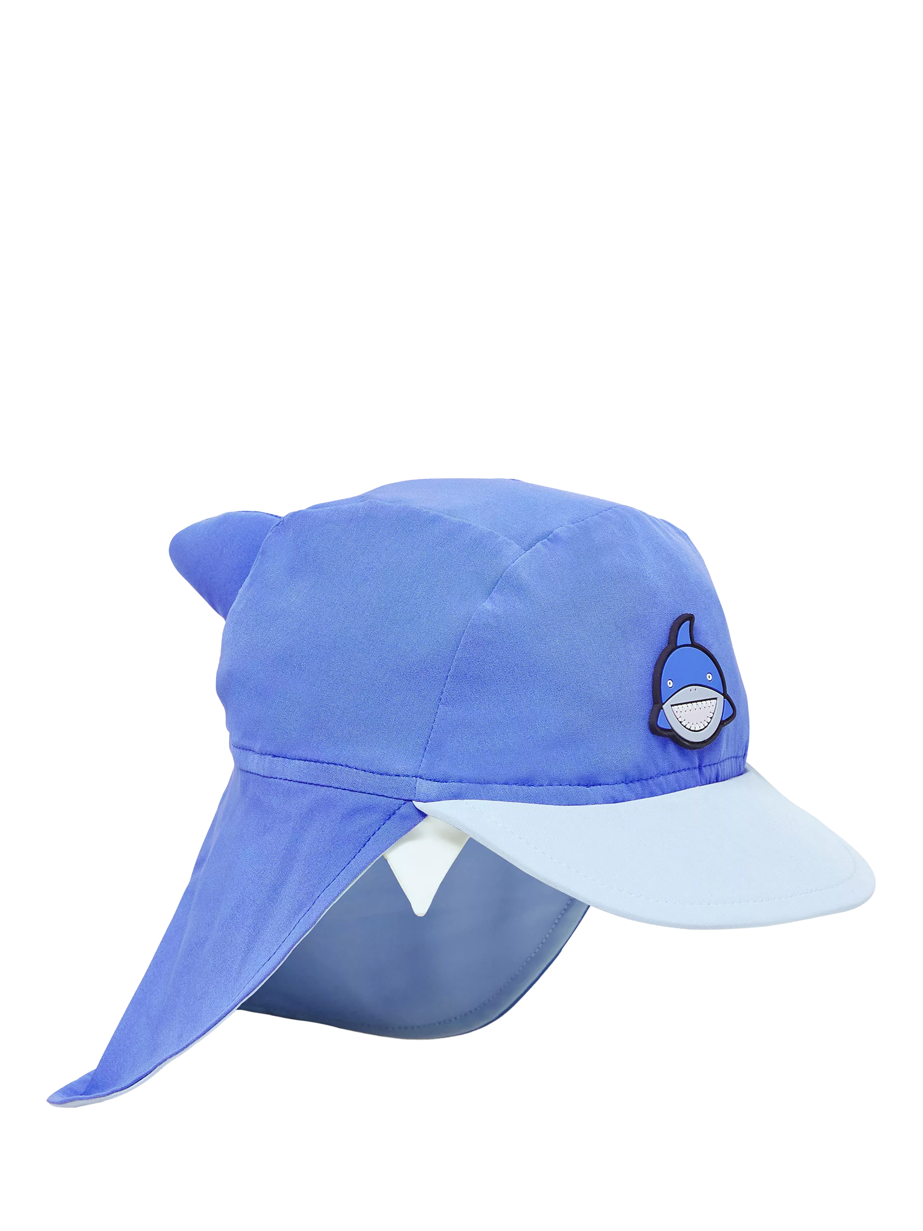 Roarsome kids' sun cap with peak and neck protector in blue, imported from the UK