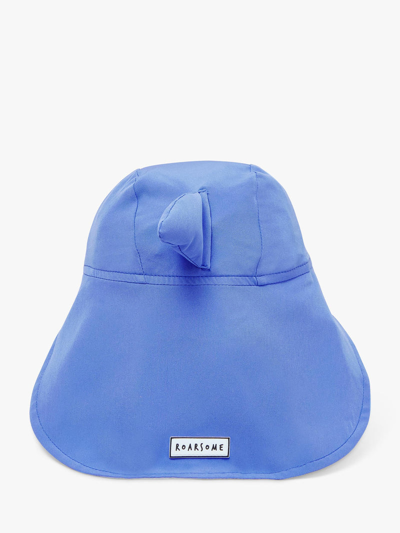 Roarsome kids' sun cap with peak and neck protector in blue, imported from the UK
