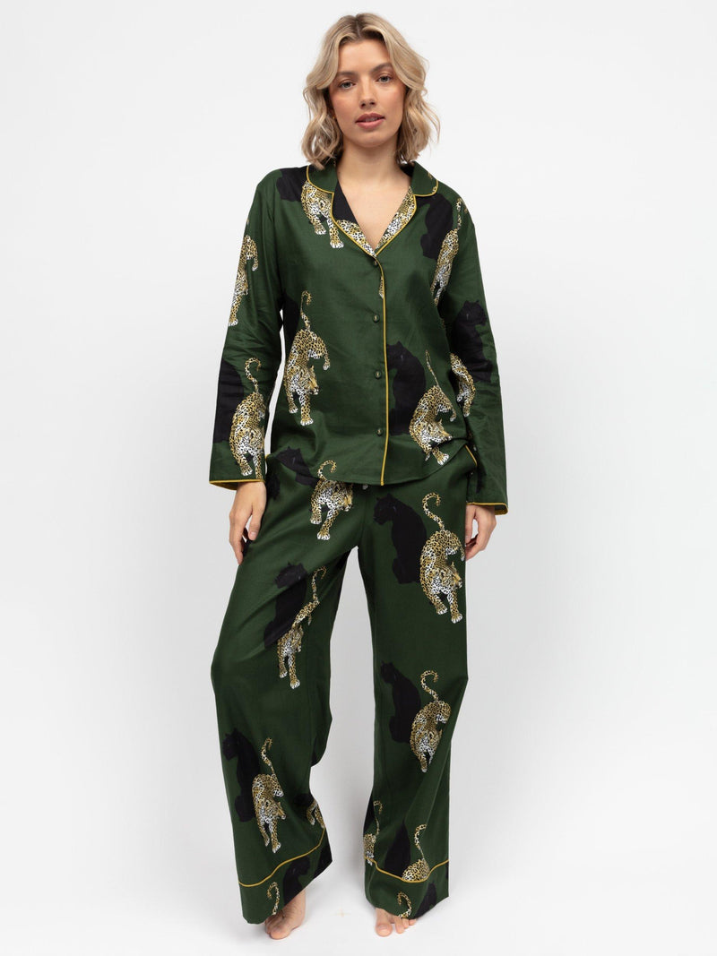 Long Pyjama Set with Leopard Print in Olive, Cotton-Modal Blend
