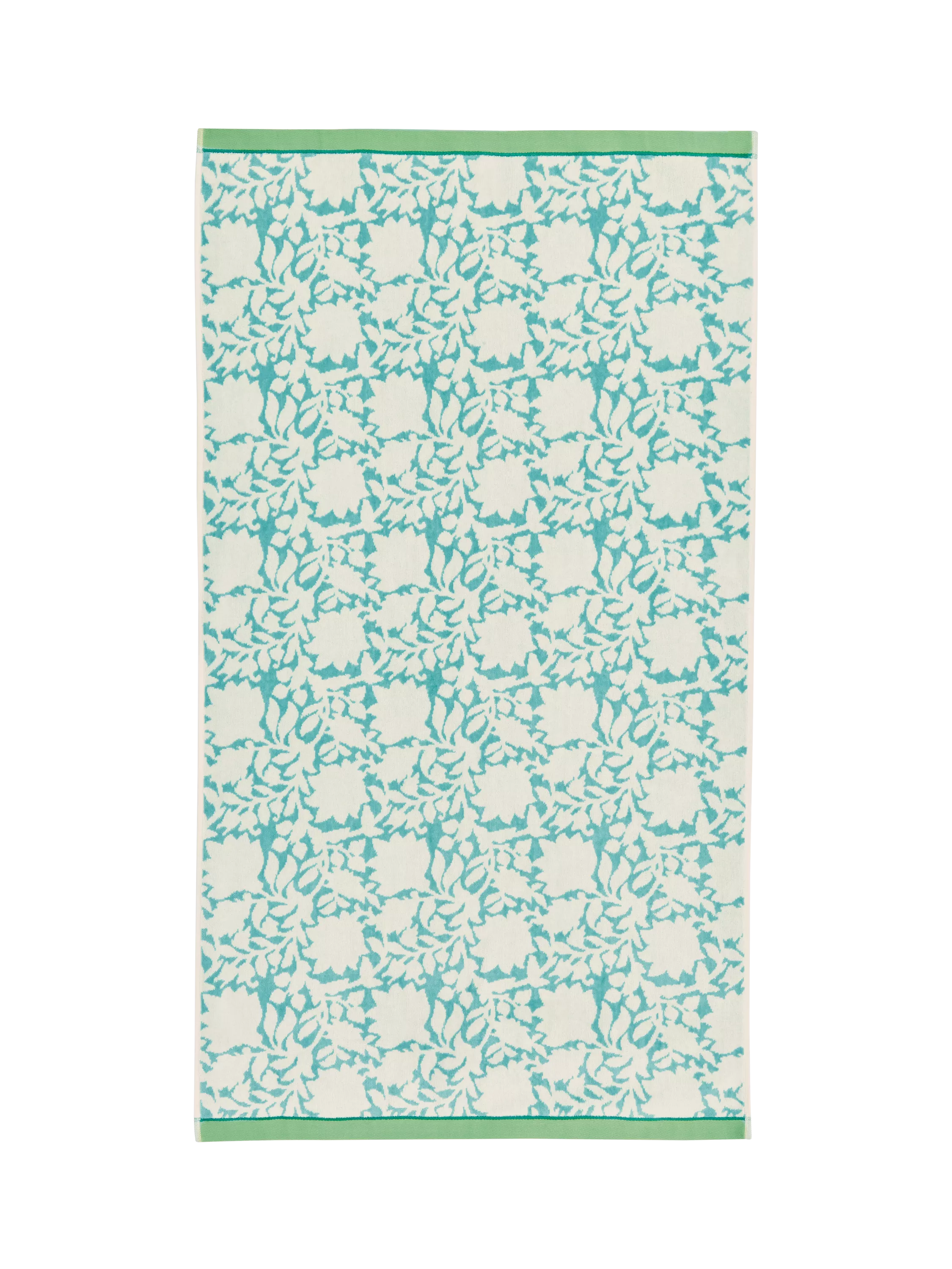 Land Shore floral blue bath towel with red and green trim, UK version