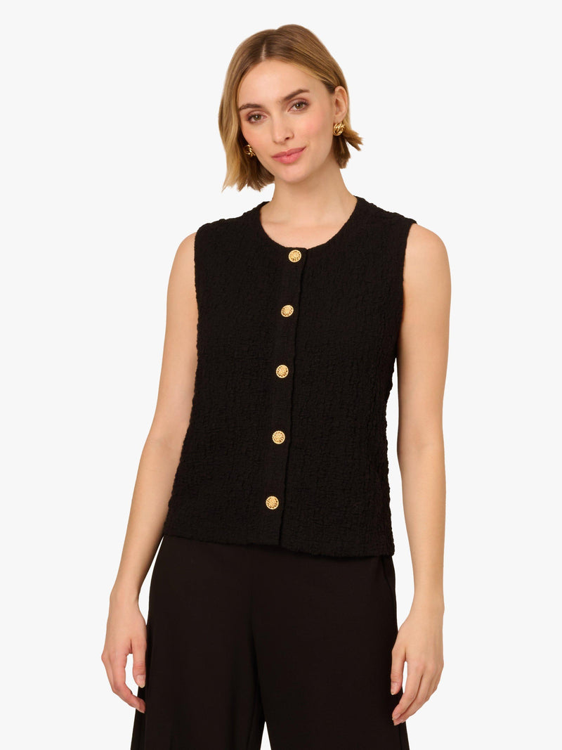 Sleeveless Vest with Crinkle Finish and Gold-Tone Buttons