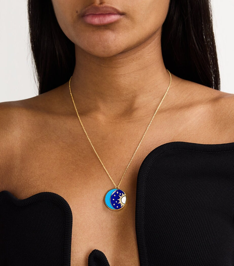 L'atelier Nawbar sun and moon pendant necklace with yellow gold, diamonds, lapis lazuli, and turquoise, UK version
