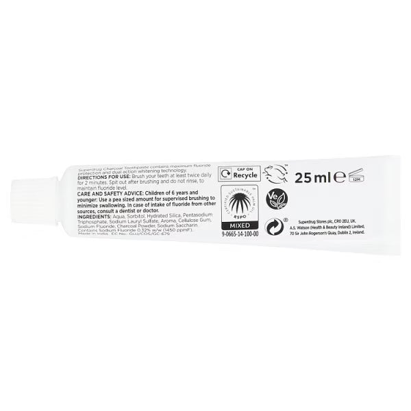 Superdrug Charcoal Toothpaste 25ml Tube (British brand)