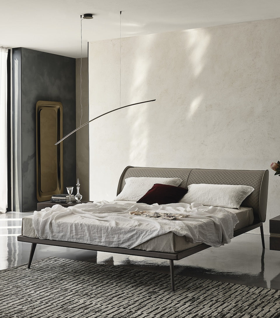 Solid Wood Bed Frame with Brass Inserts and Upholstered Headboard, Approx. 130x214x300cm