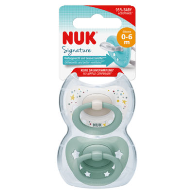 NUK Signature Soother 2-pack in pink or blue, imported from the UK